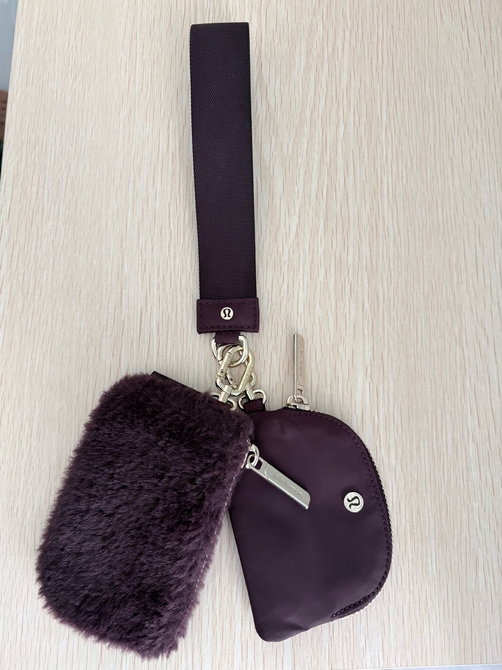 lululemon athletica Plum Wristlet Key Pouch/Faux Fur